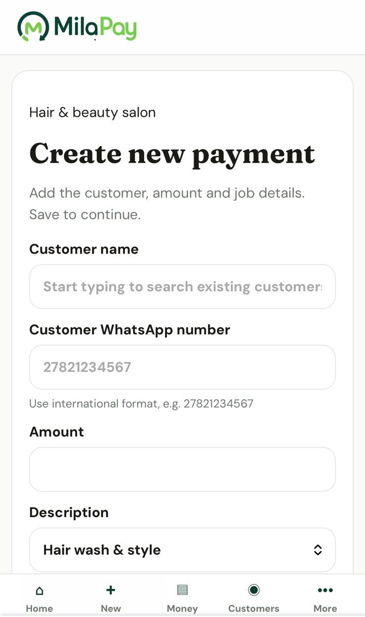 MilaPay Create New Payment screen showing customer and payment details
