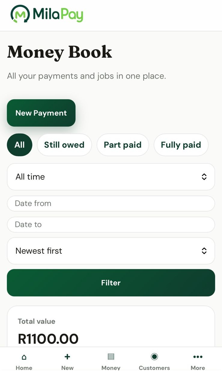 MilaPay Money Book showing payment records and payment status filters
