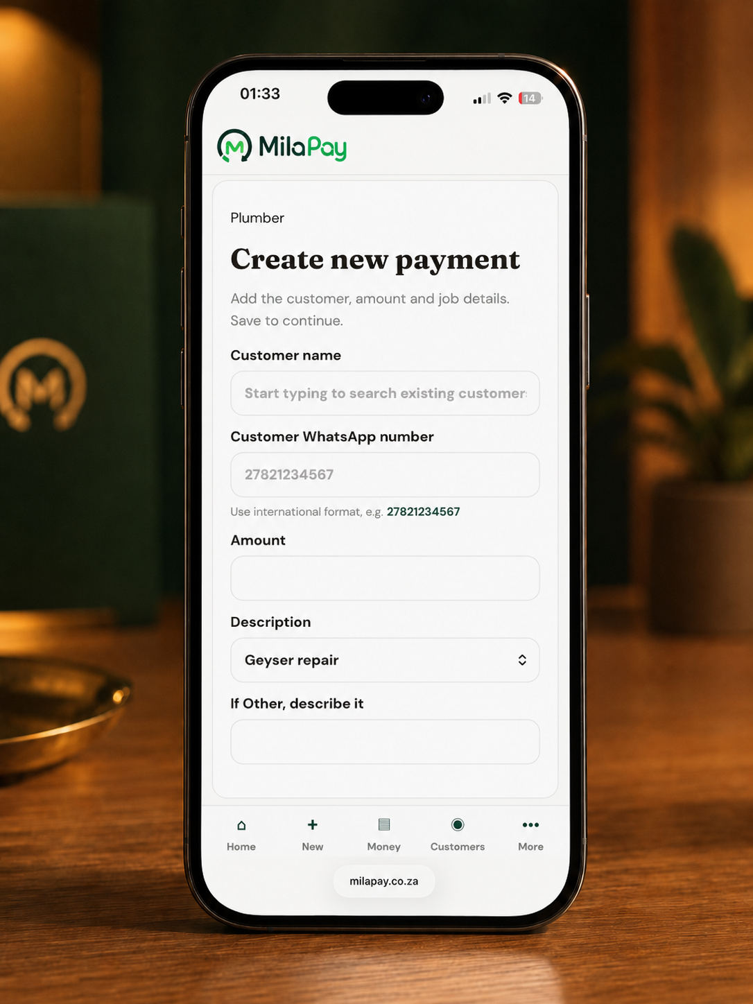 New payment request screen