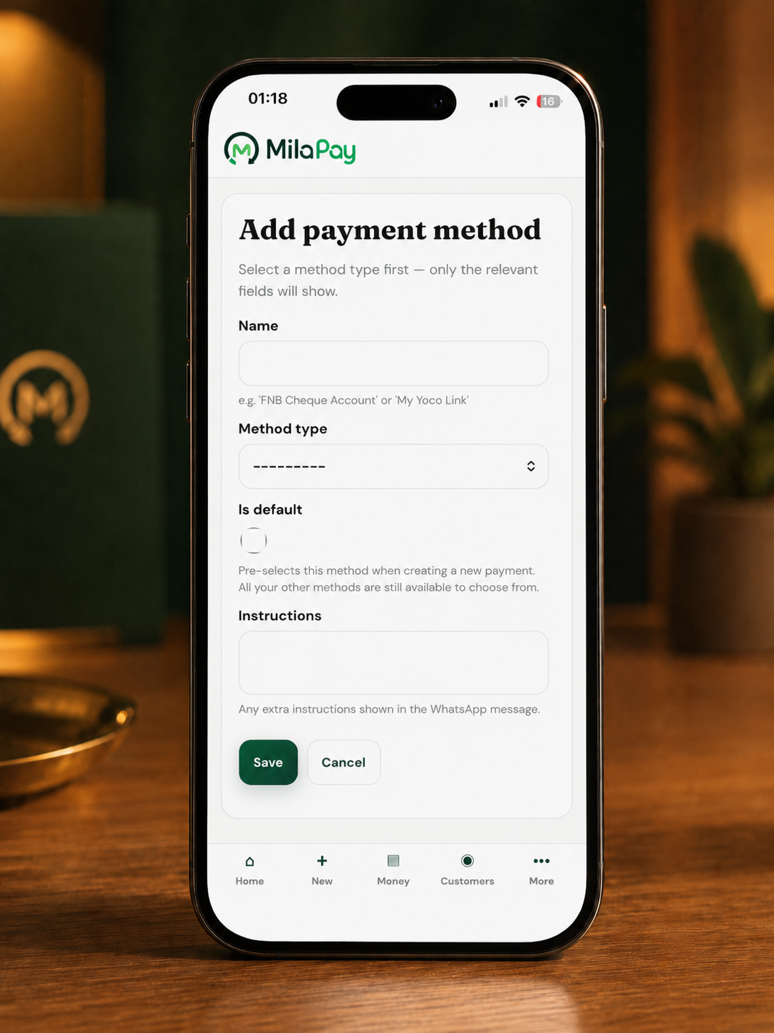 Payment methods setup screen