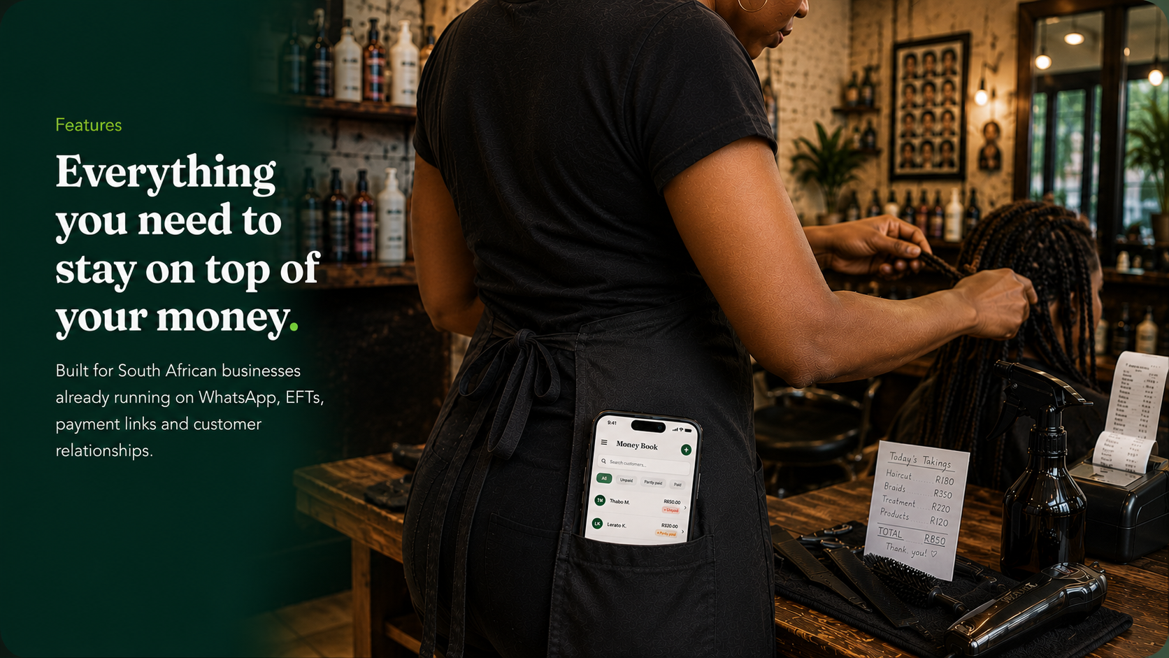 Money Book showing customer payment tracking